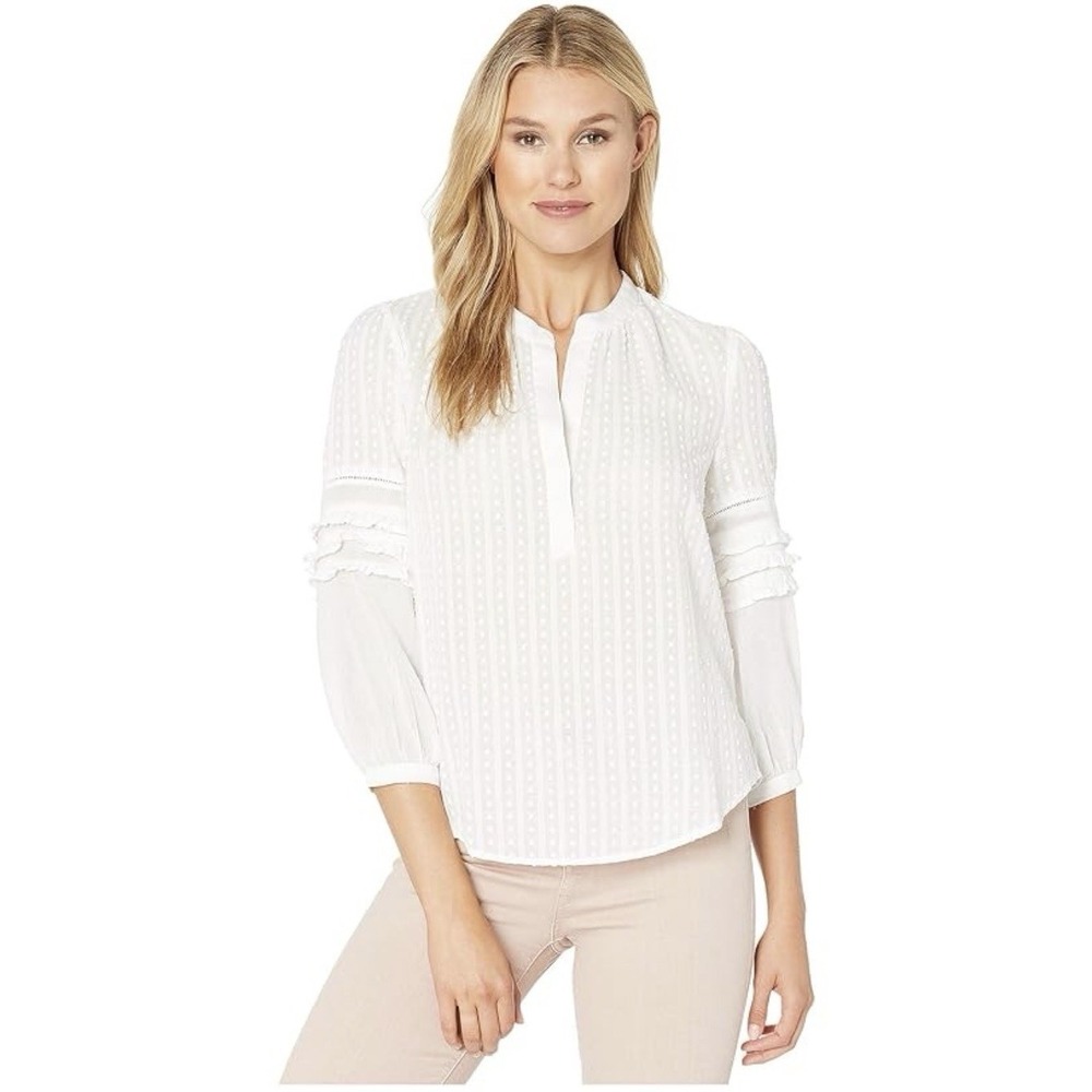 Lucky Brand Women's Blouse Size Medium‎ White Swiss Dot 3/4 Sleeve boho Peasant